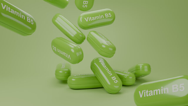 3D render of multiple green glossy Vitamin B5 supplement capsules falling on green background