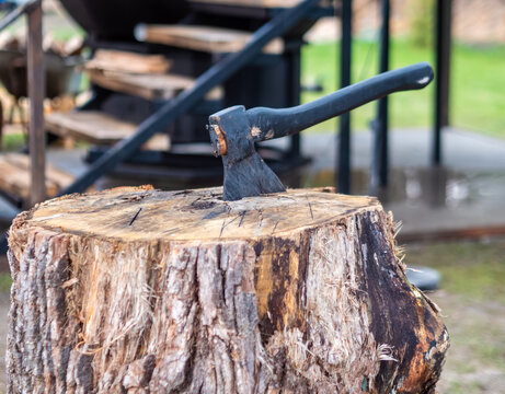 A sharp metal axe with a black handle is stuck into a rustic wooden tree stump block outdoors in a backyard setting.