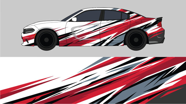 Car Wrap Design with Aggressive Racing Livery in Red Black and Gray