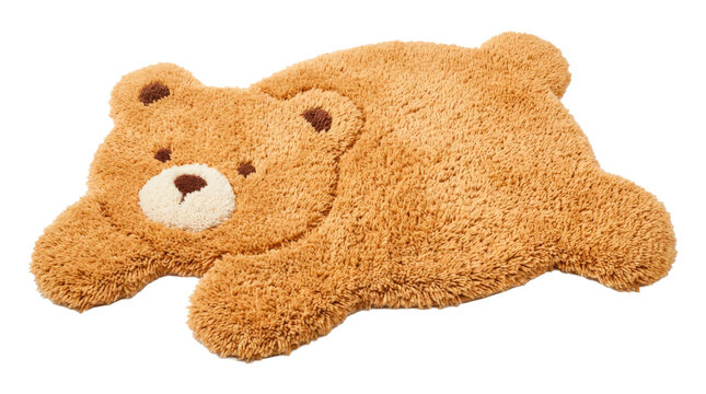 Bear-shaped rug, photorealistic soft decorative rug shaped like a stylized bear with rounded ears, plush pile and dense textile fibers. Slight overhead studio view, crisp sharp focus,