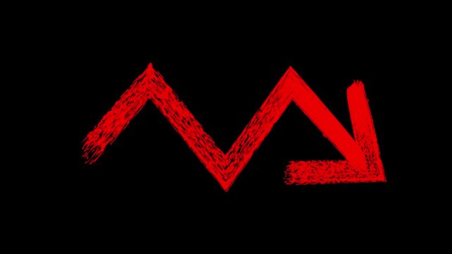 Red grunge hand-drawn zigzag arrow animation with sketchy textured brush stroke effect on black background vector video clip