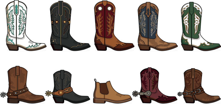 Western cowboy boots vector illustration set featuring vintage leather footwear icons isolated on white background