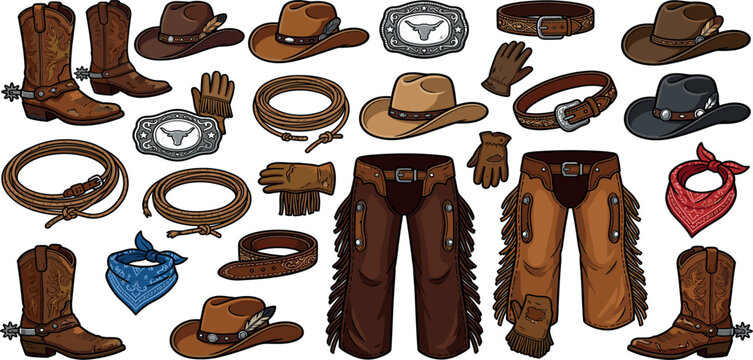 Western cowboy clothing and accessories vector collection featuring chaps boots hats and leather belts