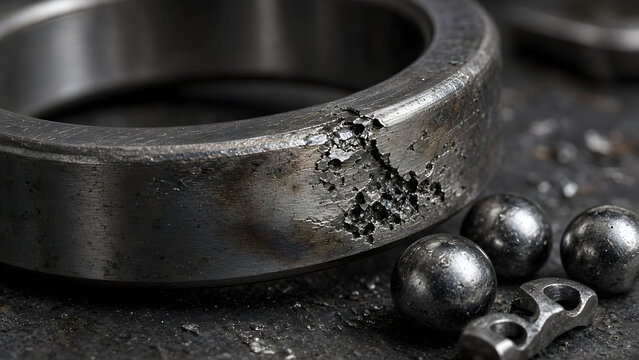 Failed ball bearing raceway with rolling contact fatigue spalling, flaking pits and wear marks on a failure analysis bench