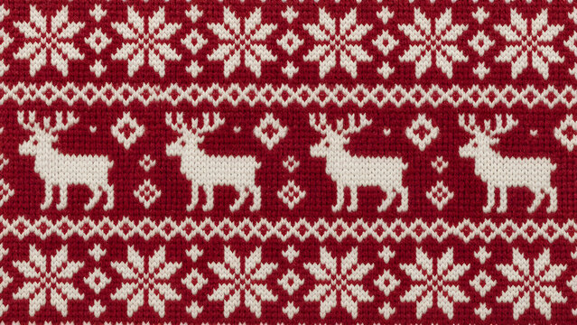 Close-up texture of a red and white Nordic Christmas sweater knit pattern with snowflakes and reindeer motifs