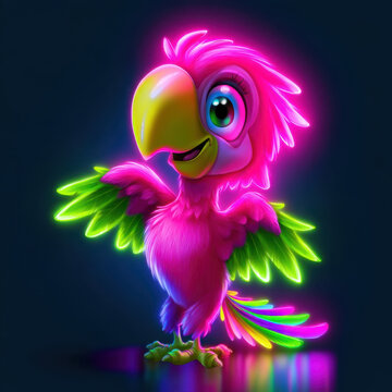 cute bright pink neon cartoon parrot character standing with open wings colorful vibrant glowing tropical macaw illustration isolated on dark background  mascot artwork for kids design projects