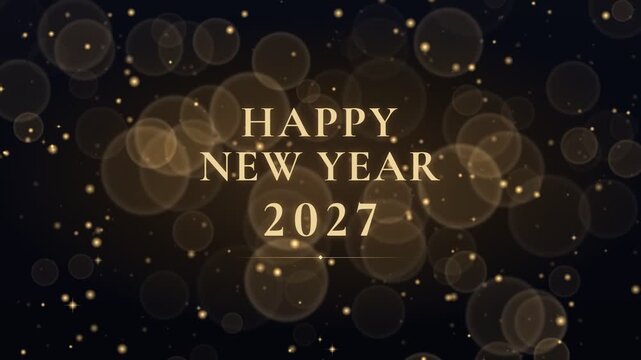 Happy new year 2027 gold text animation with floating bokeh particles background