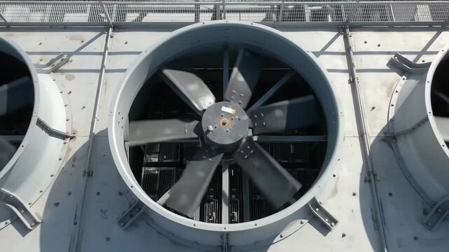 Aerial view of data center cooling equipment with large rooftop fans and pipework