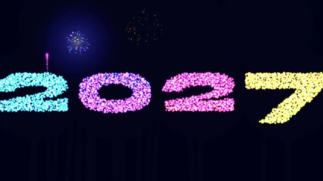 2027 new year celebration: vibrant fireworks display and glowing particle typography