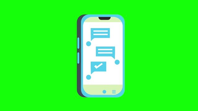 Animated smartphone with chat bubbles messaging app on green screen background for video editing