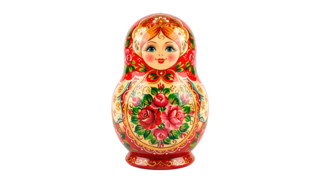 Wooden nesting doll with smooth turned shape, hand-painted folk-style pattern and glossy lacquered finish, photorealistic product photography, front view, crisp focus, premium 8K detail, on a pure