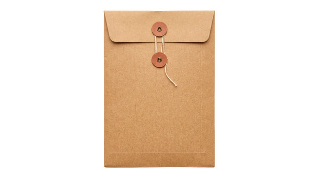 Kraft document envelope, single brown paper envelope with textured surface and integrated string-tie closure, clean vintage office styling, photorealistic stationery photography, front view, sharp