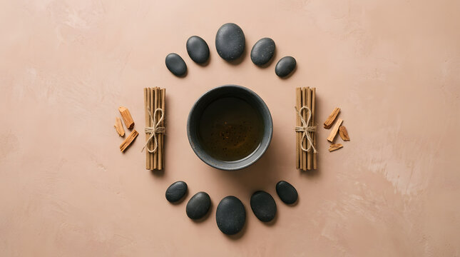 Spa wellness flat lay, black pebbles and cinnamon sticks with tea bowl on textured beige background, aromatherapy concept with minimal copy space, zero-gravity still life