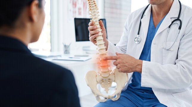 Orthopedic doctor or chiropractor holding spine model explaining lower lumbar back pain to female patient during medical consultation in clinic office