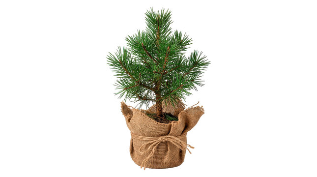 Potted pine tree, photorealistic small fresh evergreen with dense natural needles and a base wrapped in rustic burlap, simple charming seasonal botanical presentation, front three-quarter view,