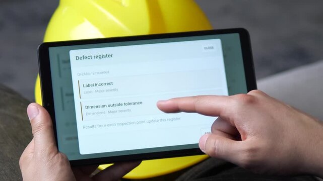 Worker reviews an industrial component inspection map on a tablet and opens a defect register, highlighting digital quality control, manufacturing accuracy and traceable QA.