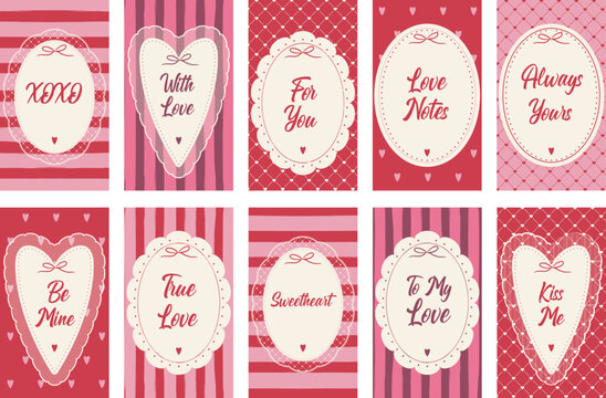 Cute red and pink heart labels featuring lace borders and sweet love quotes. Ideal for packaging design, party favors, wedding invitations, and social media posts.