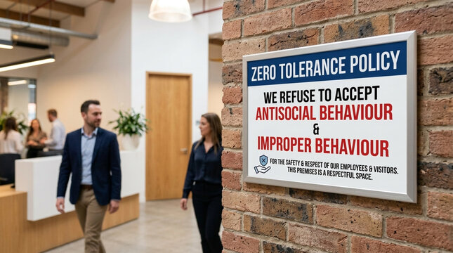Zero Tolerance Policy Sign in Modern Office with Colleagues Walking Past