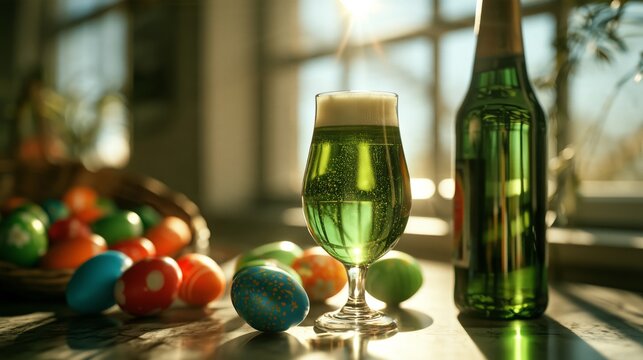 Green beer in a glass beside a bottle and painted eggs on a table