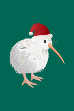 White kiwi bird wearing Santa hat isolated on green background, New Zealand Christmas design element
