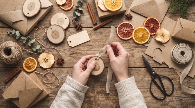 Eco conscious handmade gift tags and natural rustic packaging flat lay