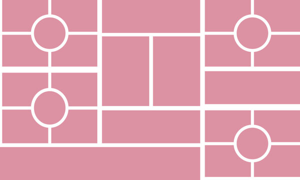 Abstract geometric bento grid layout with circular frames. Modern UI card wireframe, moodboard and photo collage template in dusty rose pink. Minimalist dashboard backdrop &ndash; vector illustration