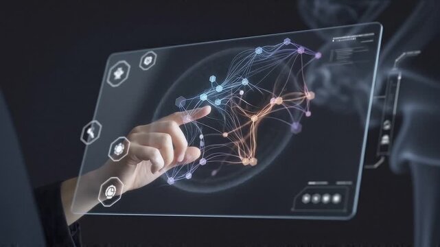 Hand touching digital brain hologram