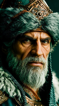 A close-up portrait of a man with a beard and mustache wearing a fur hat and a gold-embroidered coat