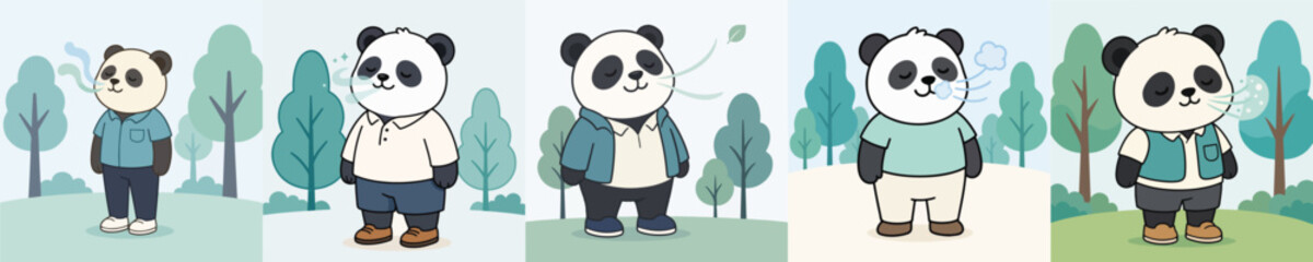 A set of cute panda vectors, standing and breathing in the fresh air in the middle of a forest. © Jefri Syahputra BKL