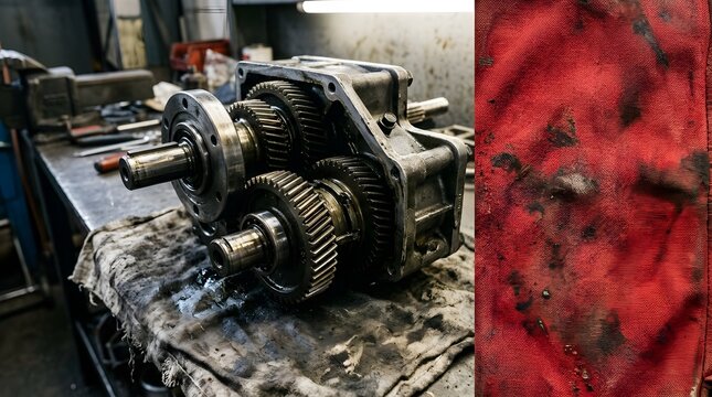 Disassembled industrial machinery gearbox with metal gears and red oily cloth