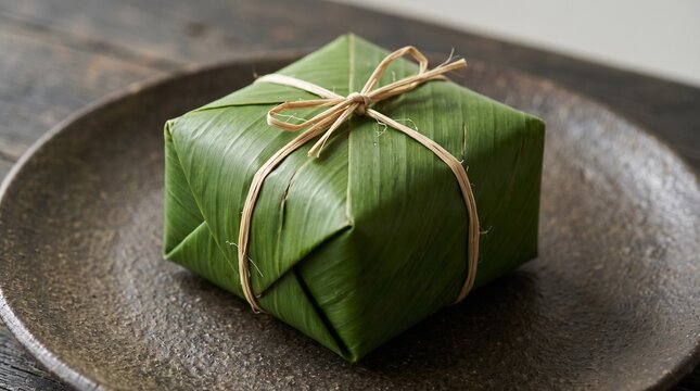 Square food item wrapped in green banana leaves tied with natural twine on a dark textured plate