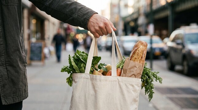 Person holding a reusable tote bag filled with fresh groceries including bread and vegetables on a city street