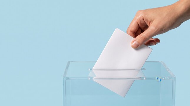 A person hand inserting a white paper ballot into a clear acrylic box against a solid light blue background representing the democratic voting process and civic participation