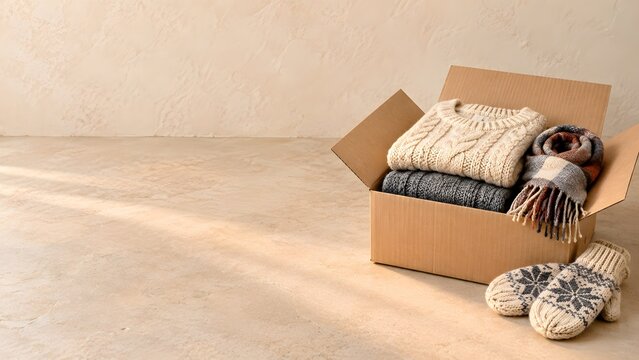 Winter Clothing Donation Box with Sweaters and Mittens