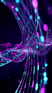 Glowing fiber optics transmitting digital data pulses along waving luminous trails in dark cyberspace network