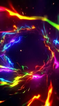 Colorful neon plasma ring emitting electric energy sparks and glowing beams in dark space tunnel background