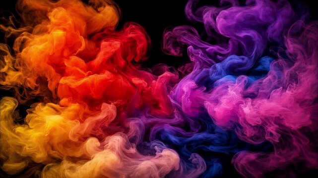 Colorful ink clouds mixing in water on black background creating vibrant smoke swirls and fluid abstract textures