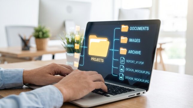Person typing on a laptop screen displaying a file management system with yellow folder and blue text labels for documents and archives on a wooden office desk