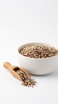 Raw Organic Quinoa Seeds In Ceramic Bowl With Scoop