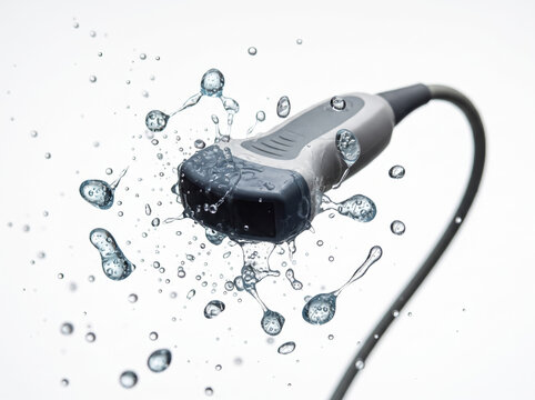Ultrasound Probe Transducer With Clear Gel And Water Splash Drops