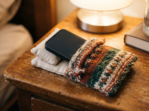 Smartphone Resting Inside Knitted Cozy Sleeve On Bedside Table