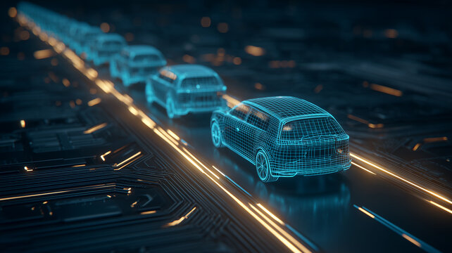 A line of digital wireframe cars traveling along a circuit patterned road illustrating connected vehicle networks and the future of smart transportation.