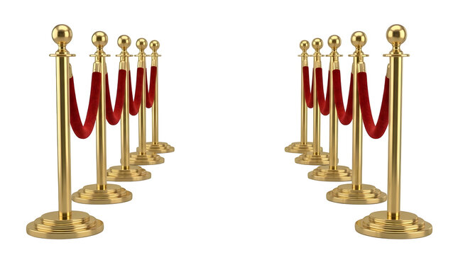 Set of gold stanchions with red velvet ropes isolated on transparent background