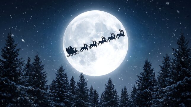 Santa Claus in a sleigh pulled by reindeer under a full moon