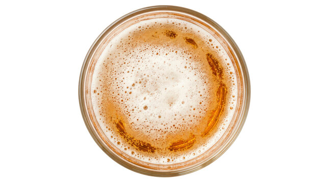 Clear circular drinking glass filled with golden amber beer, featuring fine carbonation bubbles, a creamy white foam surface, and realistic transparent glass reflections, photorealistic studio