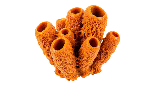 Sea sponge, single living orange tube sea sponge with an irregular upright organic body, broad hollow tubular openings, naturally fused porous sections and a richly textured bright orange surface,