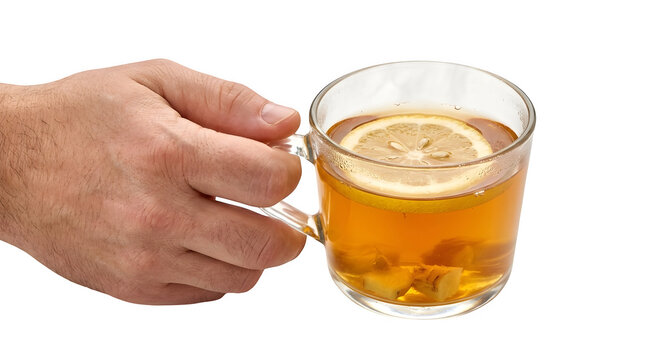 Closeup of a hand holding a glass mug filled with hot ginger and lemon tea, isolated on transparent background