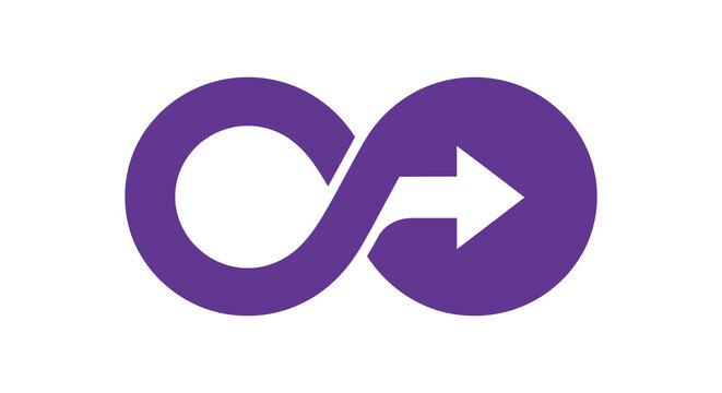 Purple infinity loop with arrow a flat vector illustration on white