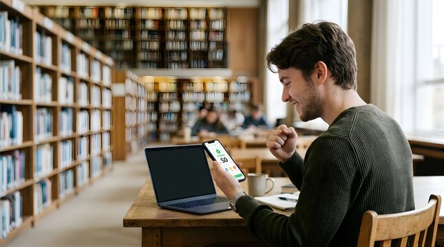 Excited student celebrating success while looking at phone in library