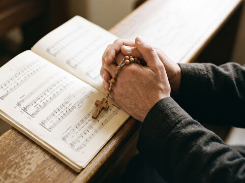 Praying Hands Holding Rosary Over Open Hymn Book